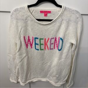 Lilly Pulitzer White Knit Sweater-Medium-Tunic-Rolled Neckline-Weekend-colorful